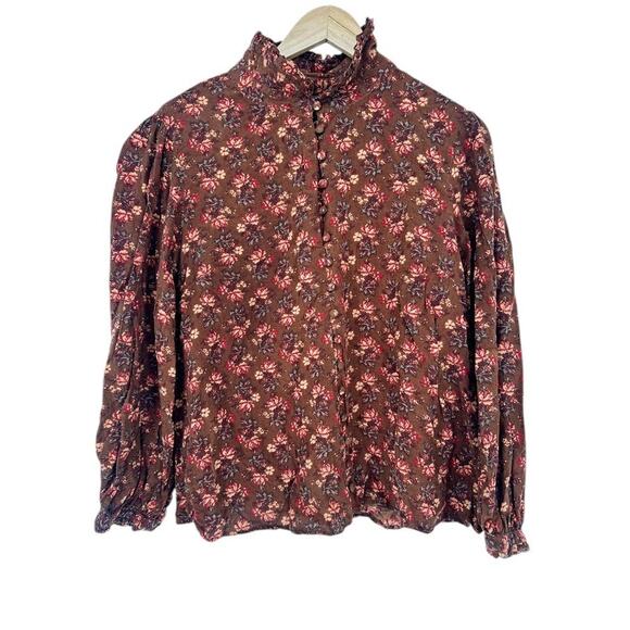 April Cornell Top Medium Floral Brown Button Retro Cottagecore Boho Peasant - Picture 1 of 8
